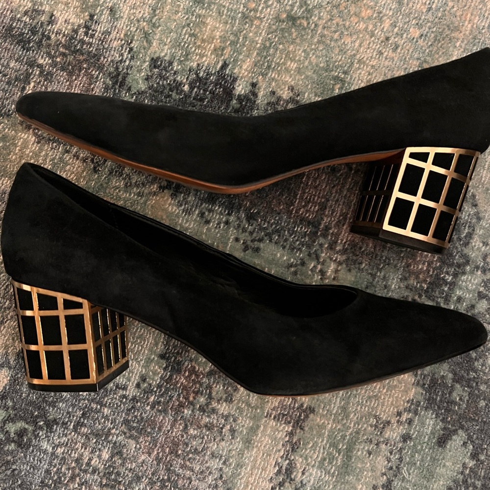 Brian Atwood Black Heels with Gold Block Design